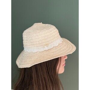 Girls Child's Beach Summer Pool Straw Hat Beige/Tan White Lace sz 2-6
